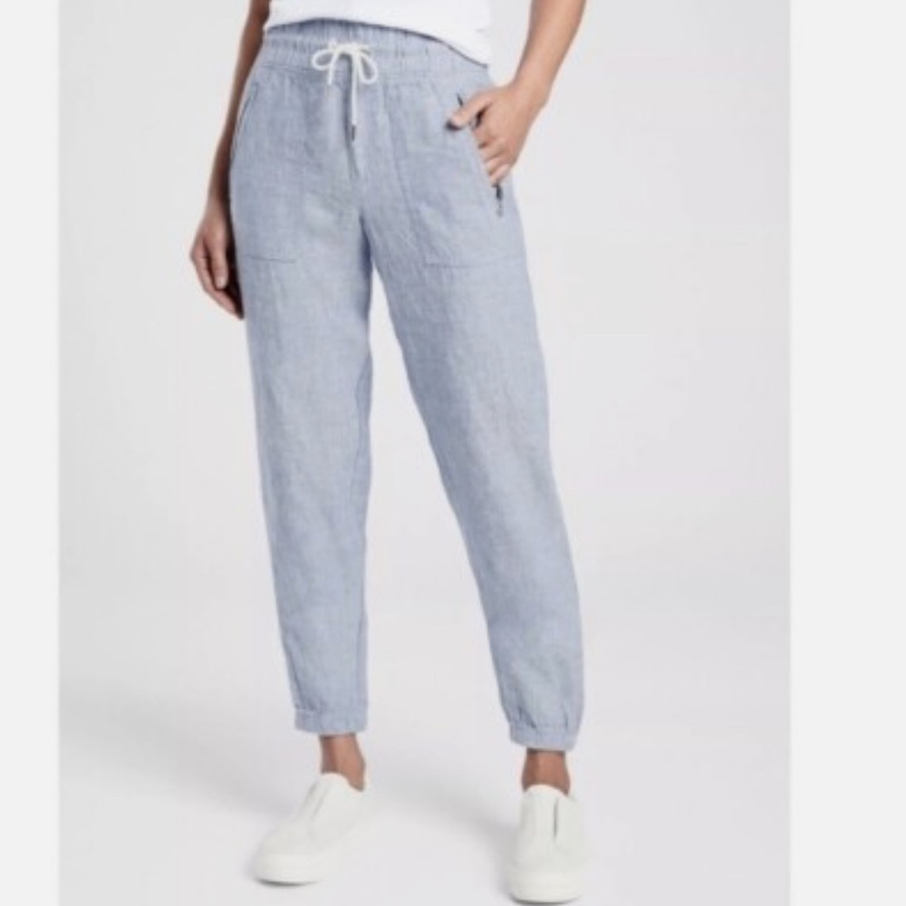 Athleta Cabo Linen Joggers Chambray Blue Size 6 Elastic Waist Pockets